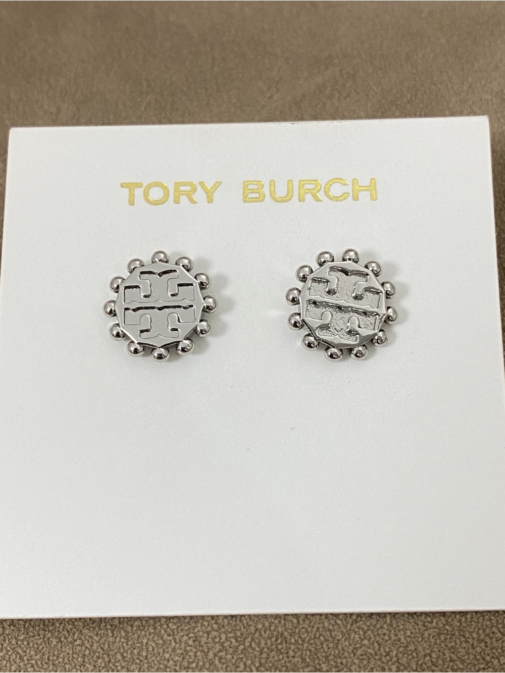Tory Burch Polished Silver Logo Bead-Edged Studs